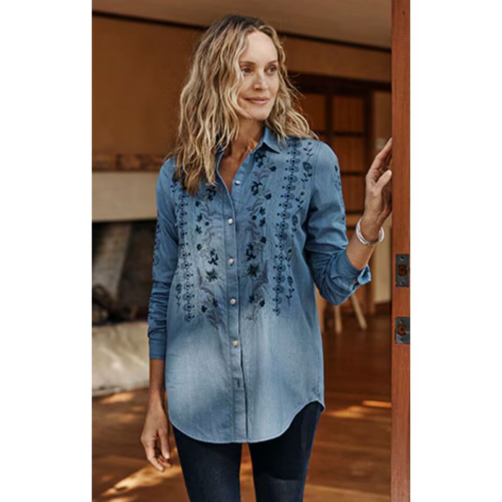 J. Jill | Embroidered Western Floral Denim Blouse 100% Cotton | XS